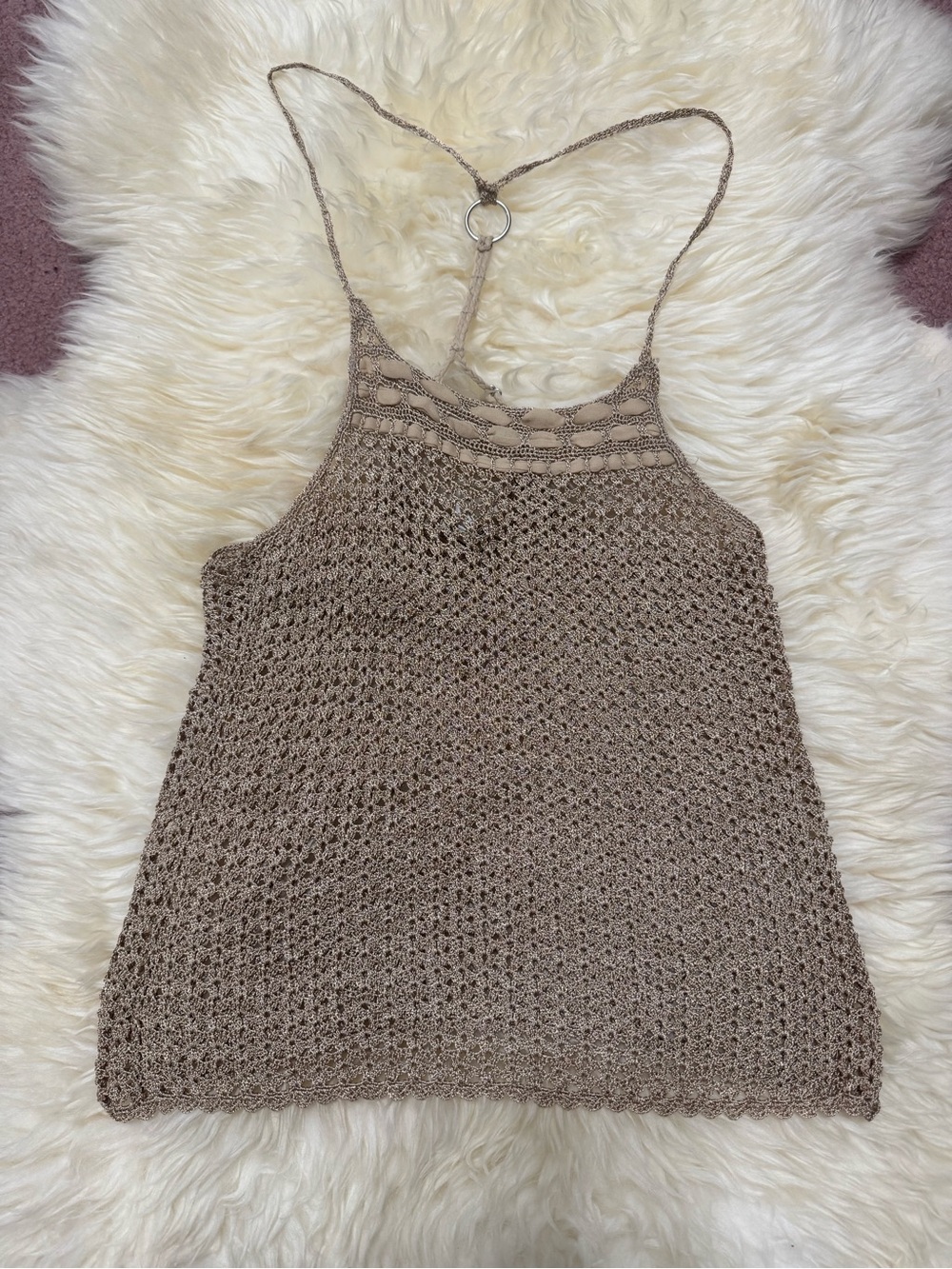 Small tan knit crochet boho tank top shirt blouse spaghetti strap brown